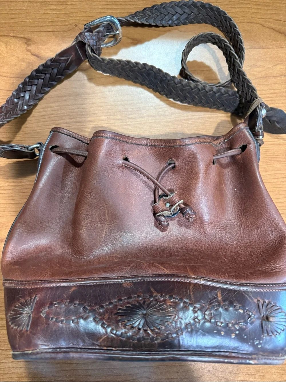 Brighton Brown Leather Drawstring Shoulder Bag with Braided Strap